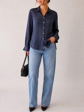 Vintage 100% Silk Navy Button Front Blouse